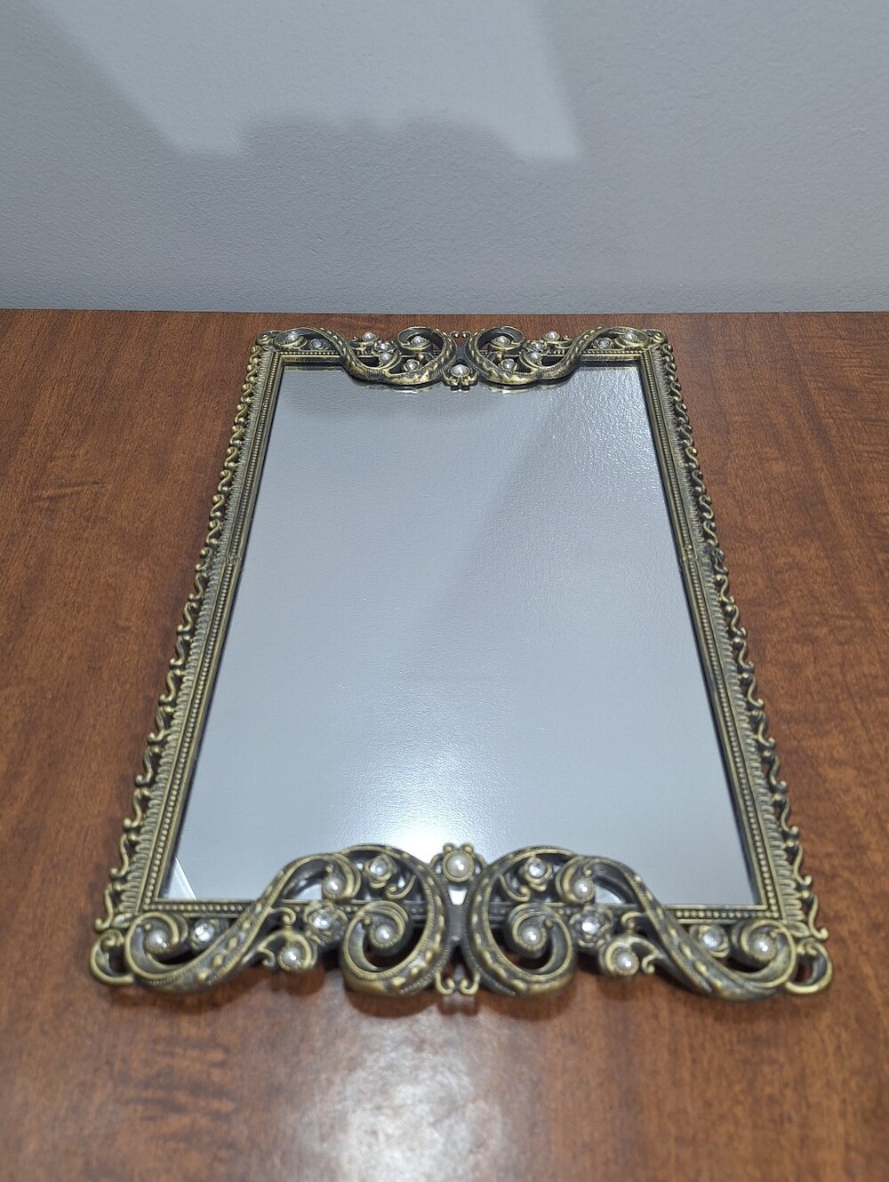 Vintage Ornate Hollywood Regency Metal Goldtone Faux Pearl Vanity Tray 14.5x9 In